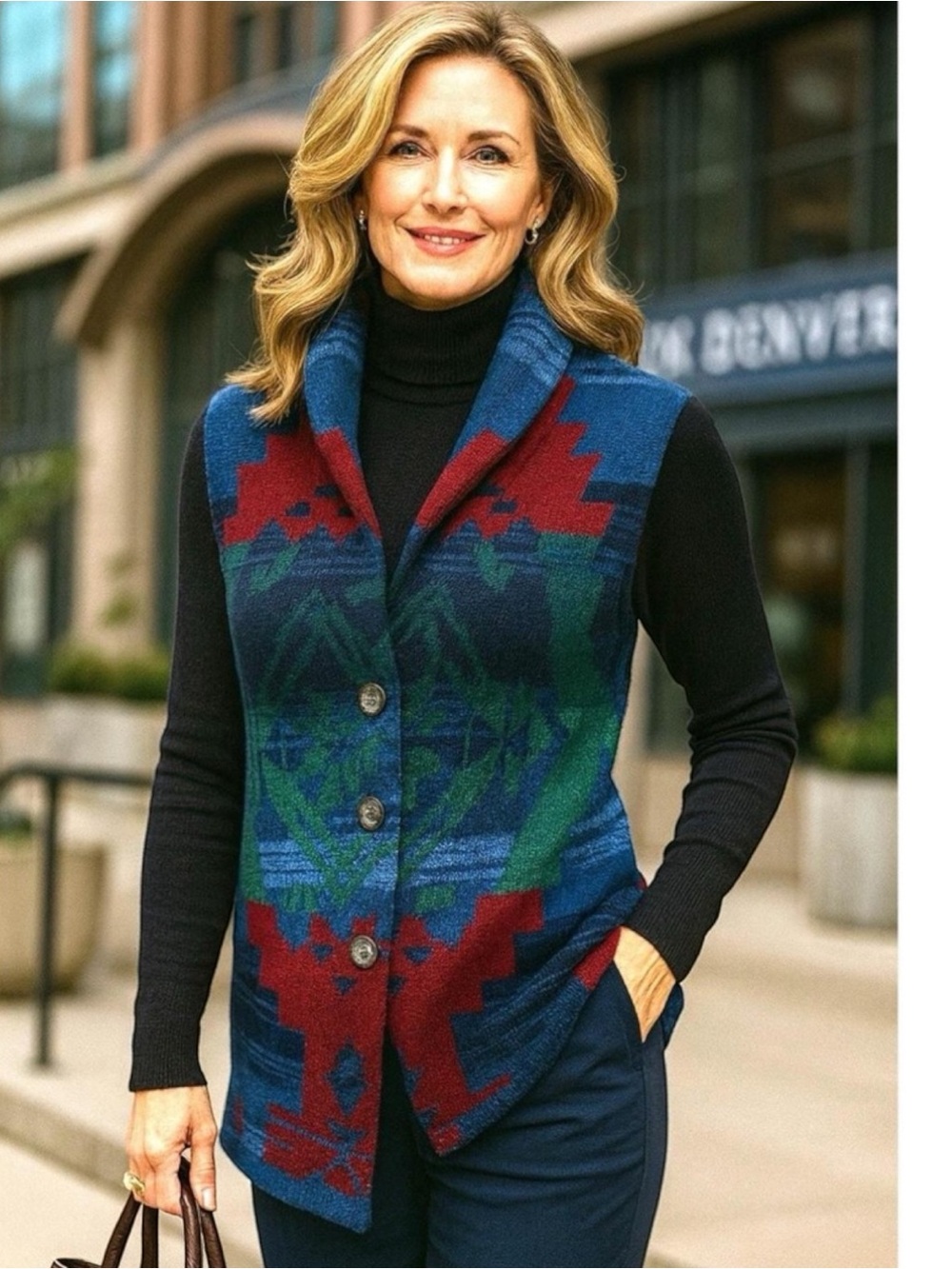 CHAPS Sweater Cardigan Vest Button Logo Accents Aztec Southwestern Western Large